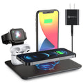 Black desktop wireless charging stand with a phone on its Qi pad and cables connected to its USB ports.