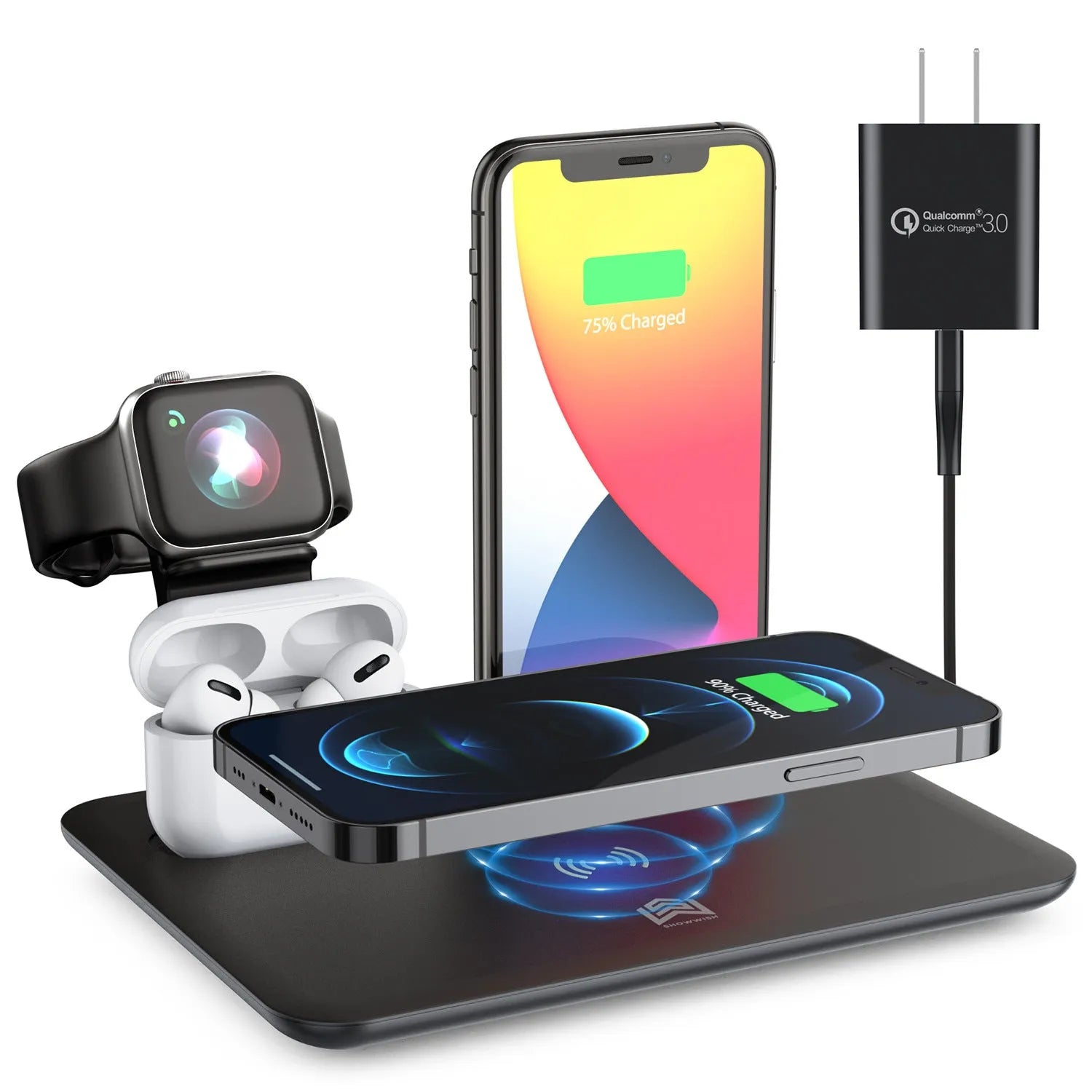Black desktop wireless charging stand with a phone on its Qi pad and cables connected to its USB ports.