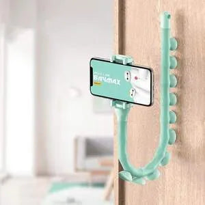 Black flexible rubber phone holder with suction cup extended to 62cm length on a desktop