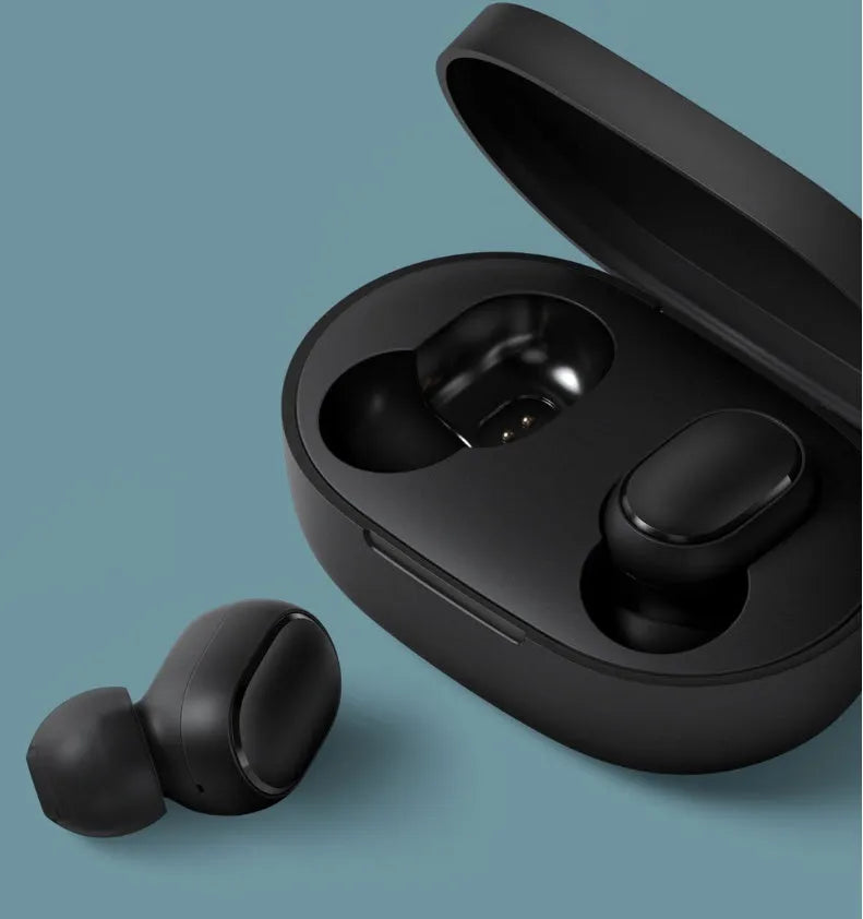 Black Redmi AirDots true wireless Bluetooth earbuds with a charging case.