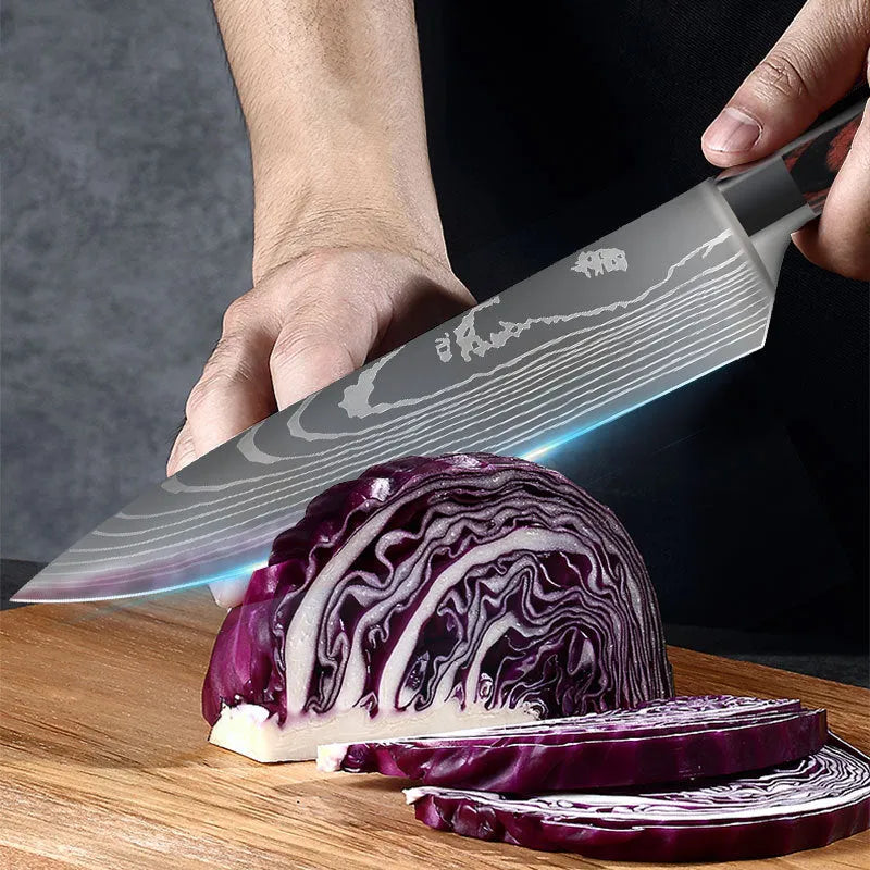 Chef knife with laser Damascus patterned blade and colour steel handle, length 30cm