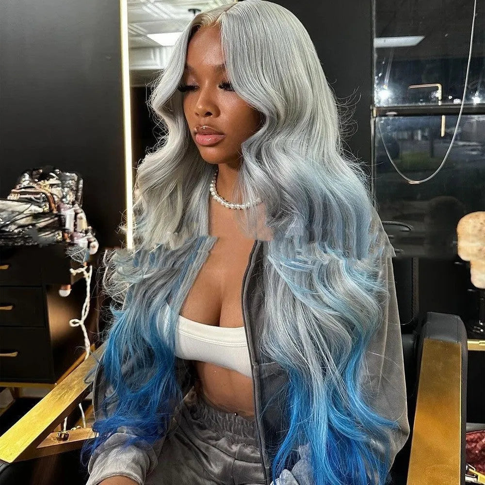 Grey and blue gradient human hair topper in Ruili style on a model, showing length options.