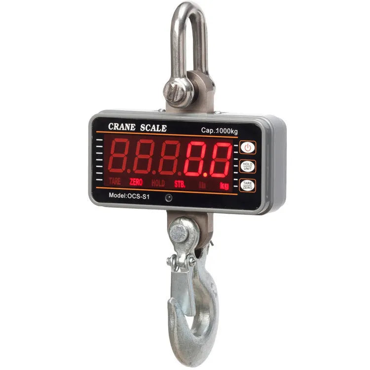 Orange electronic crane scale with digital display, showing 500 kg maximum capacity for industrial weighing.