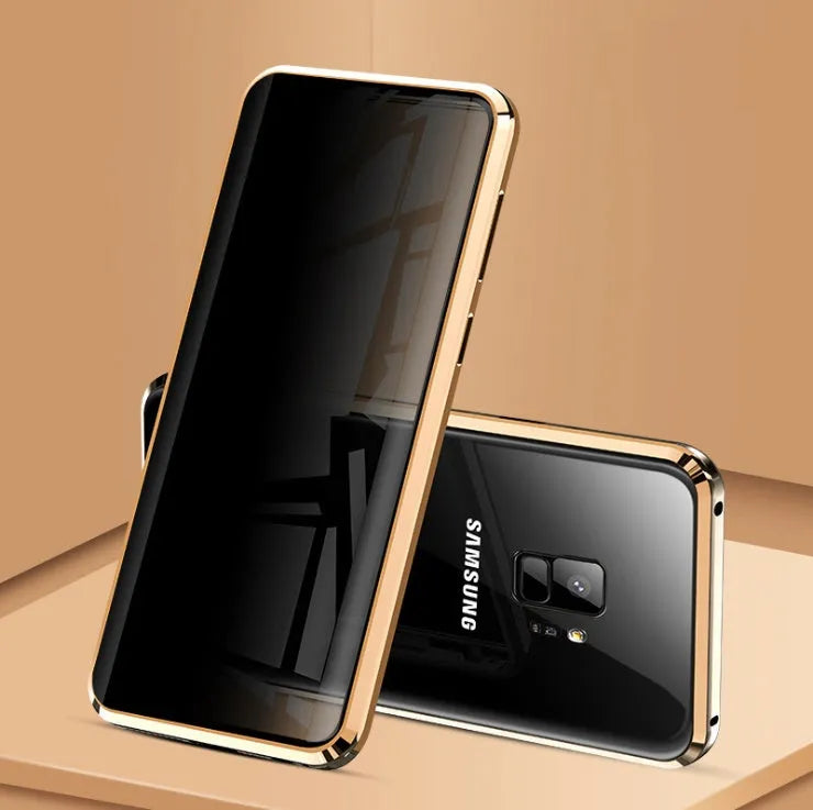 Black clamshell magnetic phone case for Samsung Galaxy with anti-peeping screen, open to show interior.