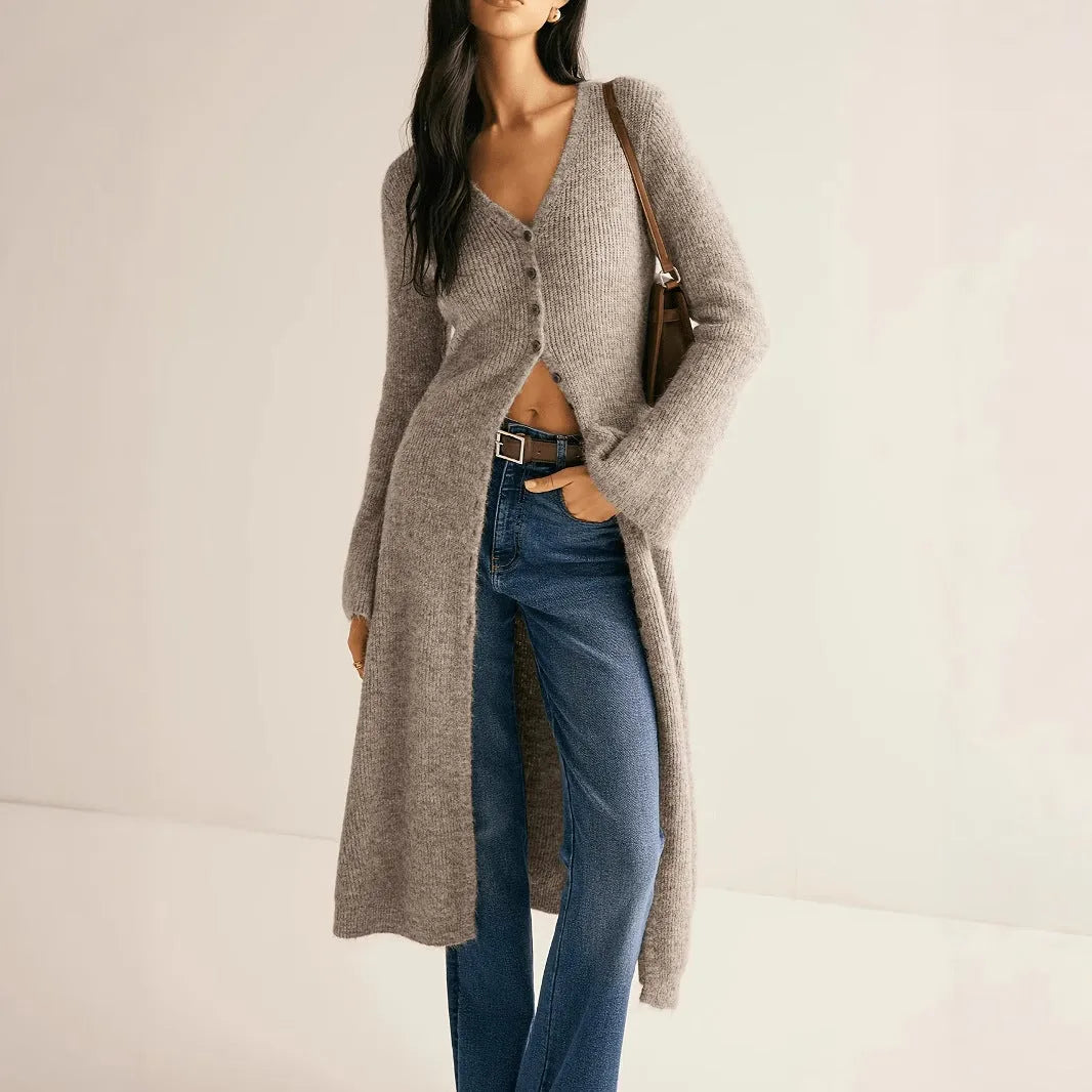 Khaki long sleeve coat cardigan with button front, shown in a retro elegant style.