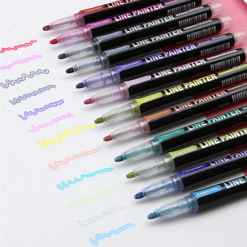 Metal double line outline pen set with 12 colours and 1-2mm wire width
