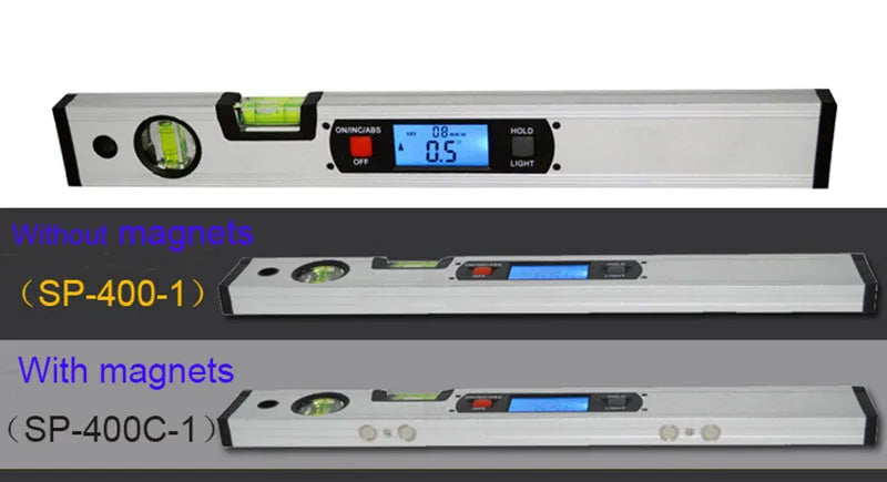 Digital magnetic angle meter with 400mm ruler, flip-up LCD screen, and 4 built-in magnets on black base