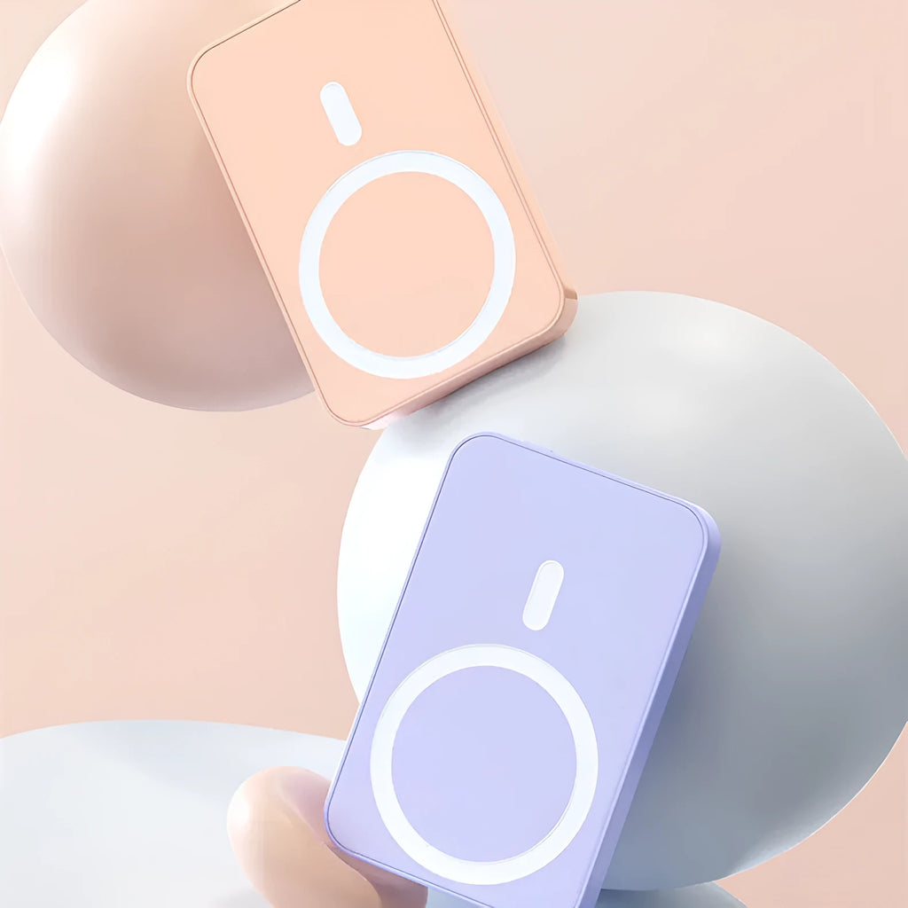 Pink magnetic wireless power bank showing 20000mAh capacity and 20W output specifications