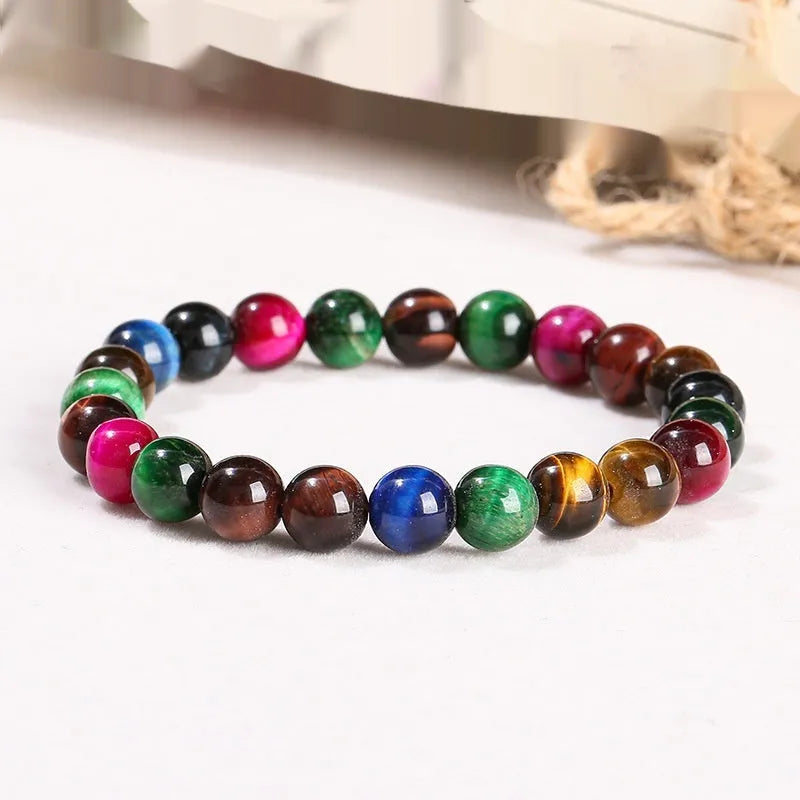Colourful tiger eye stone bracelet with round beads in mixed string design showing multiple size options