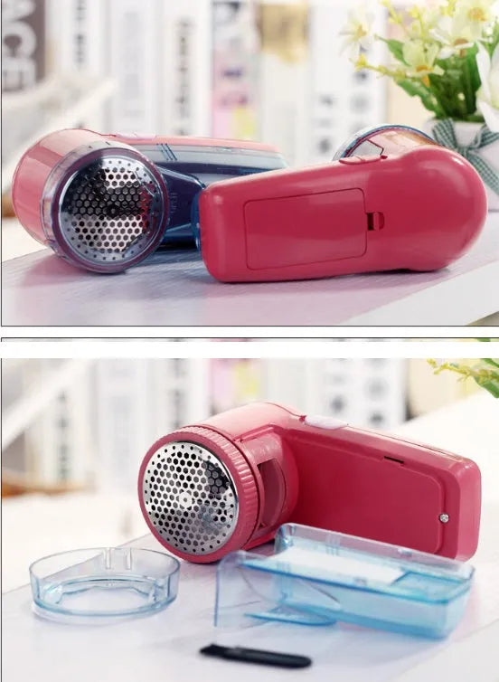 Blue portable electric lint remover for clothing on a white background.