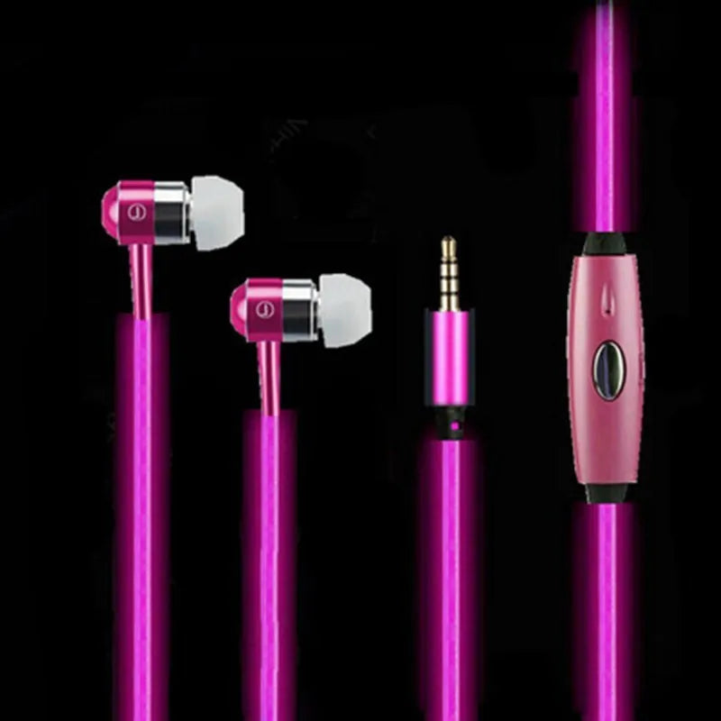 Blue, green, and pink LED earphones with glowing cables next to a smartphone, showcasing their music-reactive light feature.