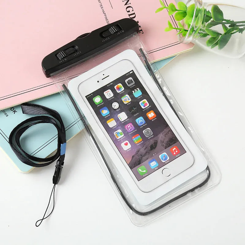 Glow-in-the-dark waterproof phone bag in PVC and ABS, 19x10.5cm, for outdoor rain protection