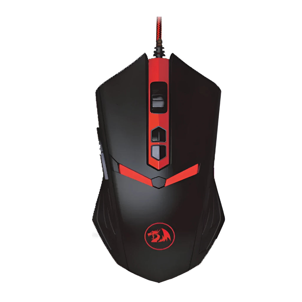 Black and red USB wired optical gaming mouse with six buttons on a desktop mat.