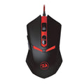 Black and red USB wired optical gaming mouse with six buttons on a desktop mat.