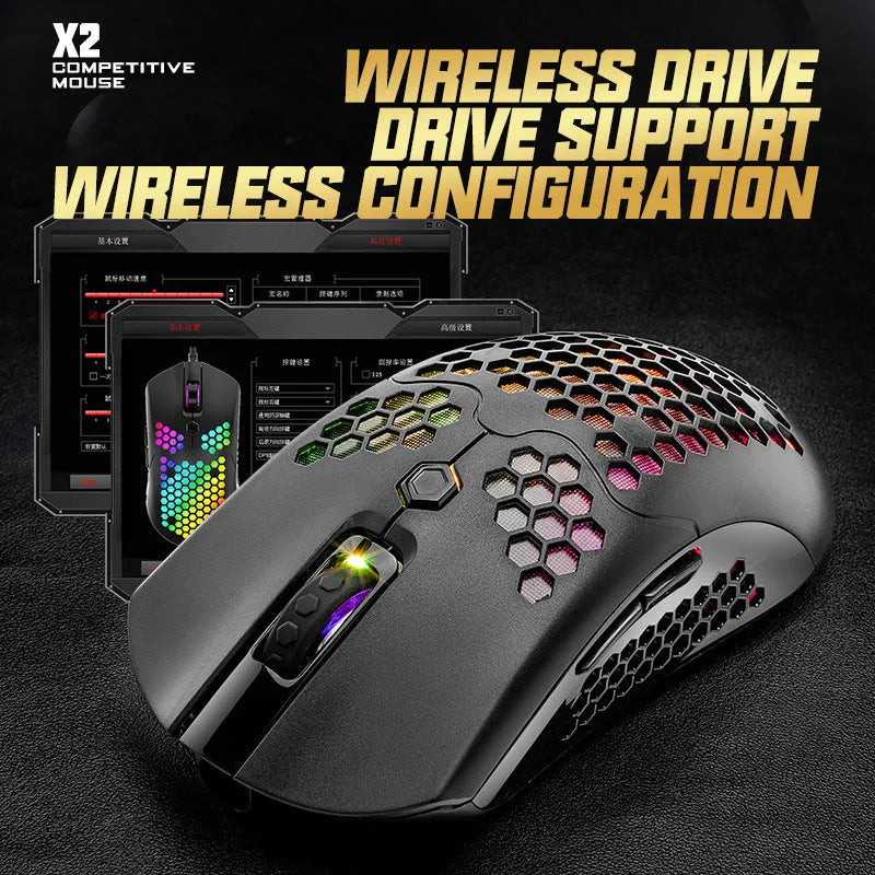Free Wolf X2 wireless RGB gaming mouse in black on a mouse pad, showing ambidextrous shape and side buttons.