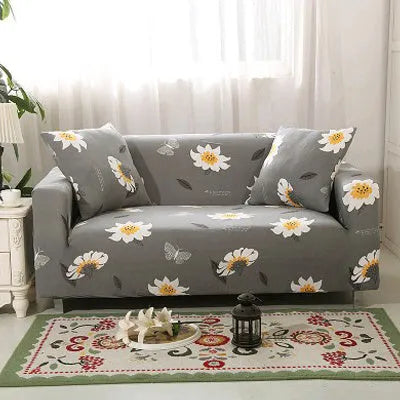 Geometric patterned stretch sofa slipcover fitted on a three-seater sofa