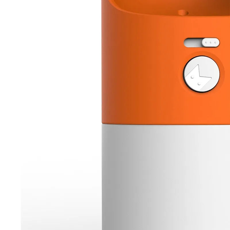 White and grey Moestar Rocket shaped pet water bottle with cup head and lock button.