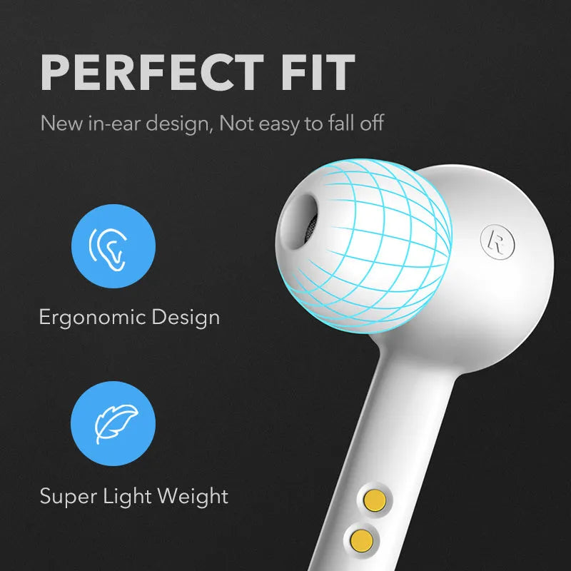 Black and white true wireless stereo earbuds with a charging case on a table