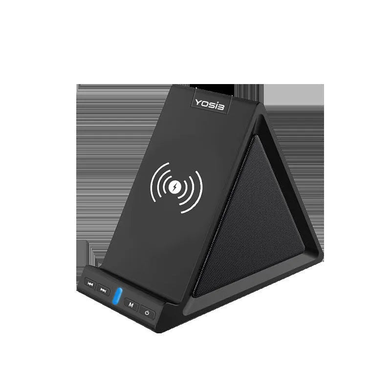 Black multifunctional Bluetooth speaker with wireless charging phone stand and 2000mAh power bank