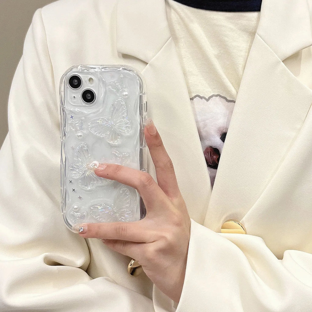 Transparent silicone iPhone case with curved cement white epoxy butterfly, drop-resistant, for iPhone 11-15 Pro Max.
