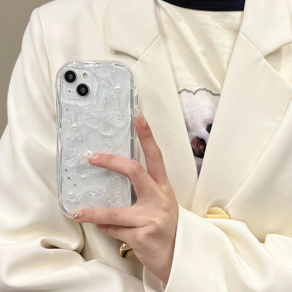 Transparent silicone iPhone case with curved cement white epoxy butterfly, drop-resistant, for iPhone 11-15 Pro Max.