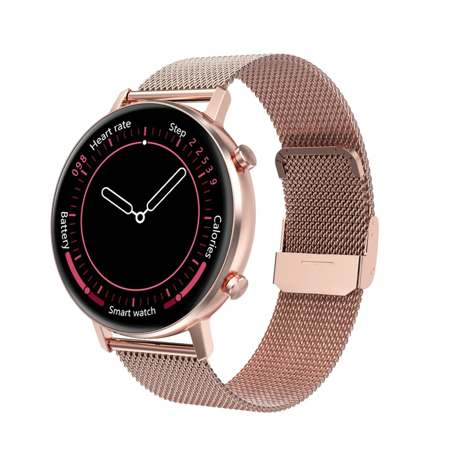 DT96 smart fitness tracker with 1.3-inch screen and steel wrist strap in black, rose gold, or silver.