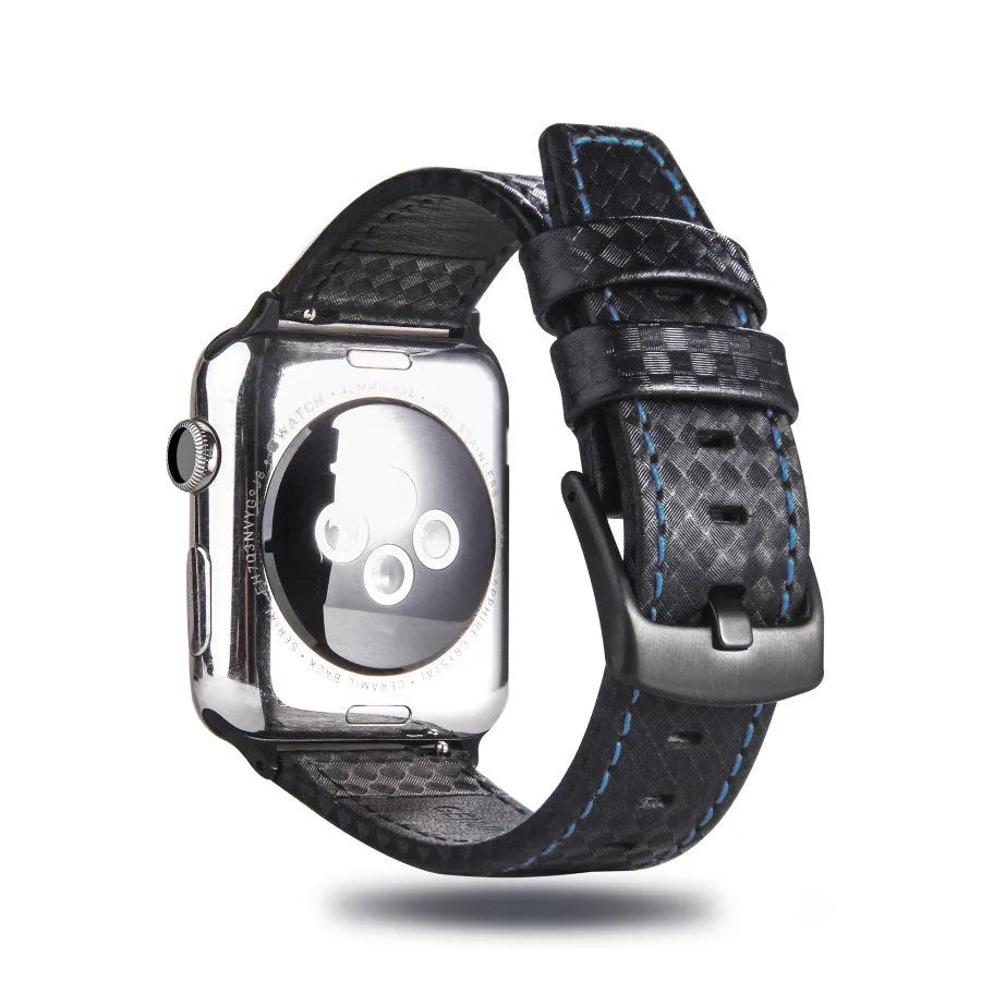 Compatible Apple Watch leather strap with carbon fibre pattern on PC case in red, black, orange, or blue