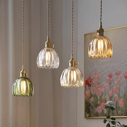 Vintage Nordic style glass flower chandelier with coloured shades in bedroom setting