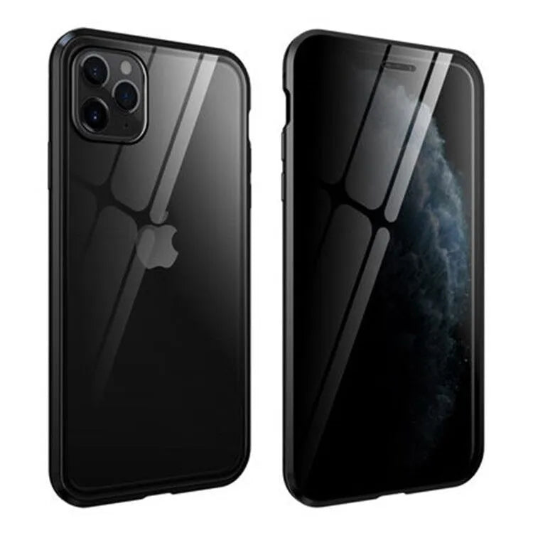 Black magnetic flip phone case with anti-peep screen for iPhone, showing metal frame.