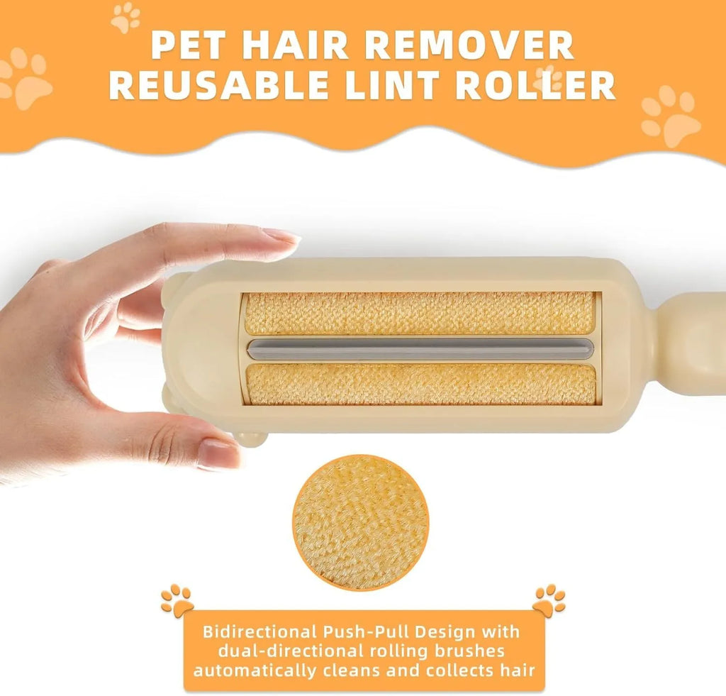 Blue reusable pet hair remover tool with self-cleaning base on a carpet.