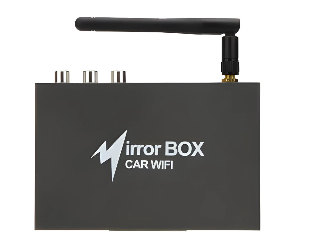 Black car mirror link box with Wi-Fi converter, power cable, antenna, AV cable, and user manual.
