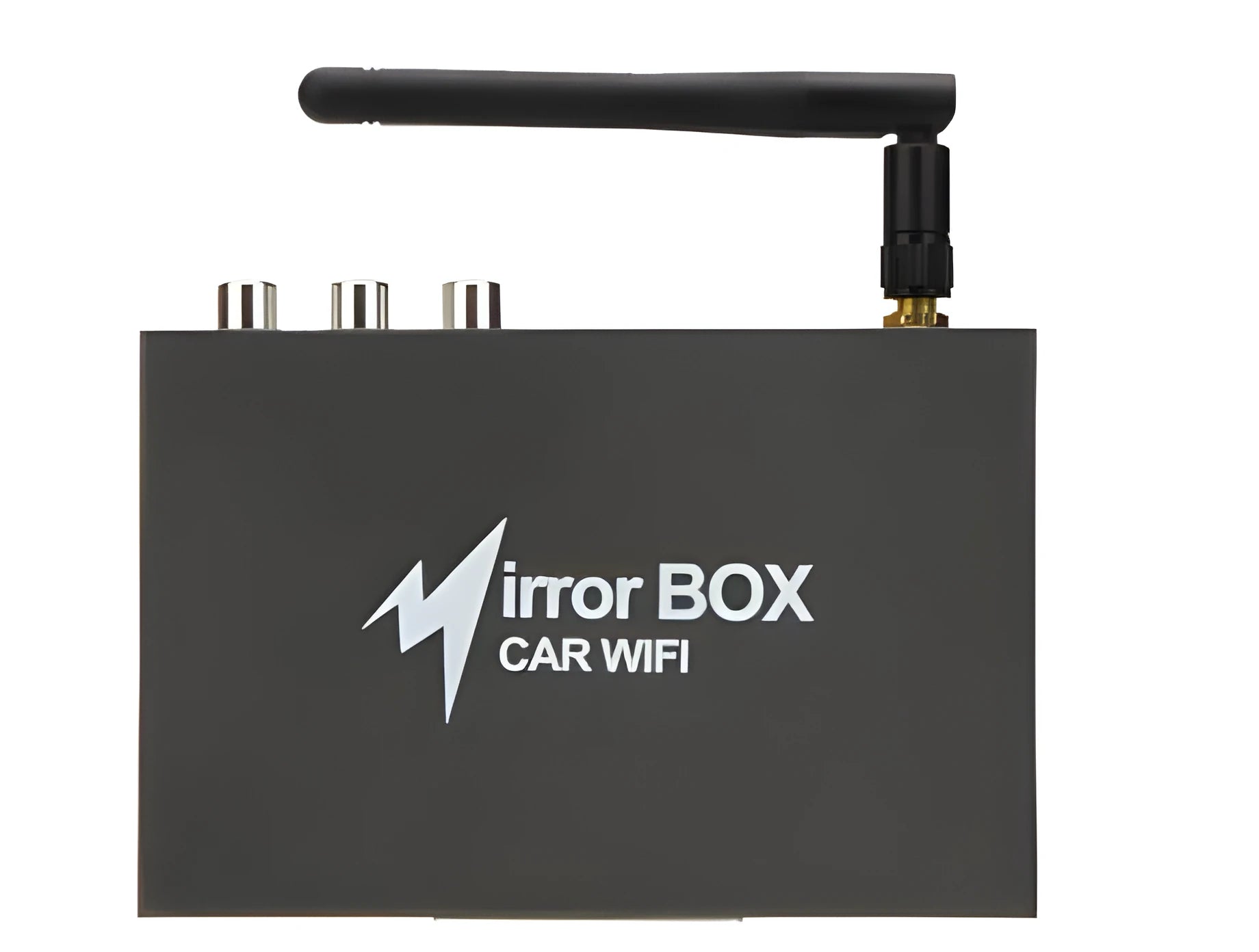 Black car mirror link box with Wi-Fi converter, power cable, antenna, AV cable, and user manual.