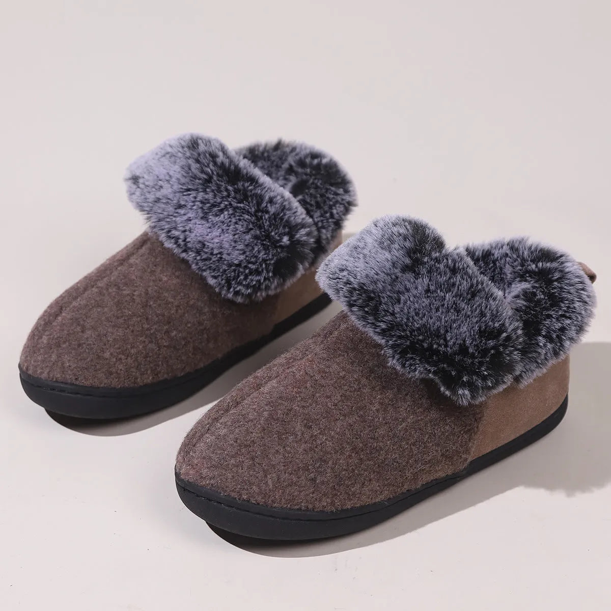 Wine red felt slippers with fur collar and synthetic leather upper for winter indoor use