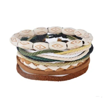 Handmade adjustable leather bead bracelet with multilayer design featuring cowhide leather, wooden beads, and woven ropes