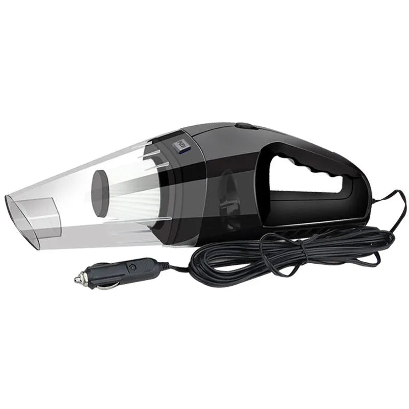 Portable 12V car vacuum cleaner with attachments in orange, black, or blue