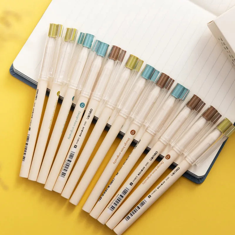 Box of 12 Deli A540 black gel pens with 0.38mm fine needle tube tips.