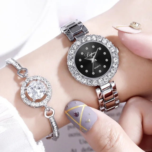 Ladies' alloy quartz watch set with optional bangle bracelet, 29mm case, rose gold or silver, black or white dial