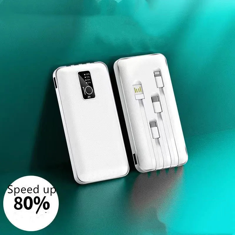 Portable power bank with digital display showing battery percentage, surrounded by USB, Micro USB, Type-C, and Lightning cables.