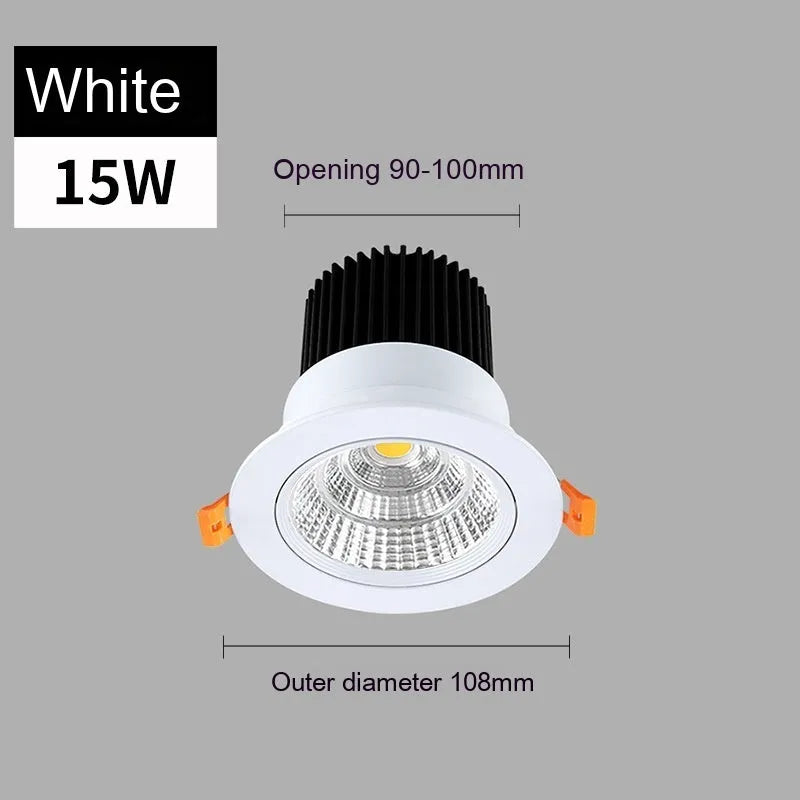 LED embedded ceiling spotlight with aluminium housing showing three colour temperature options and hole size measurements