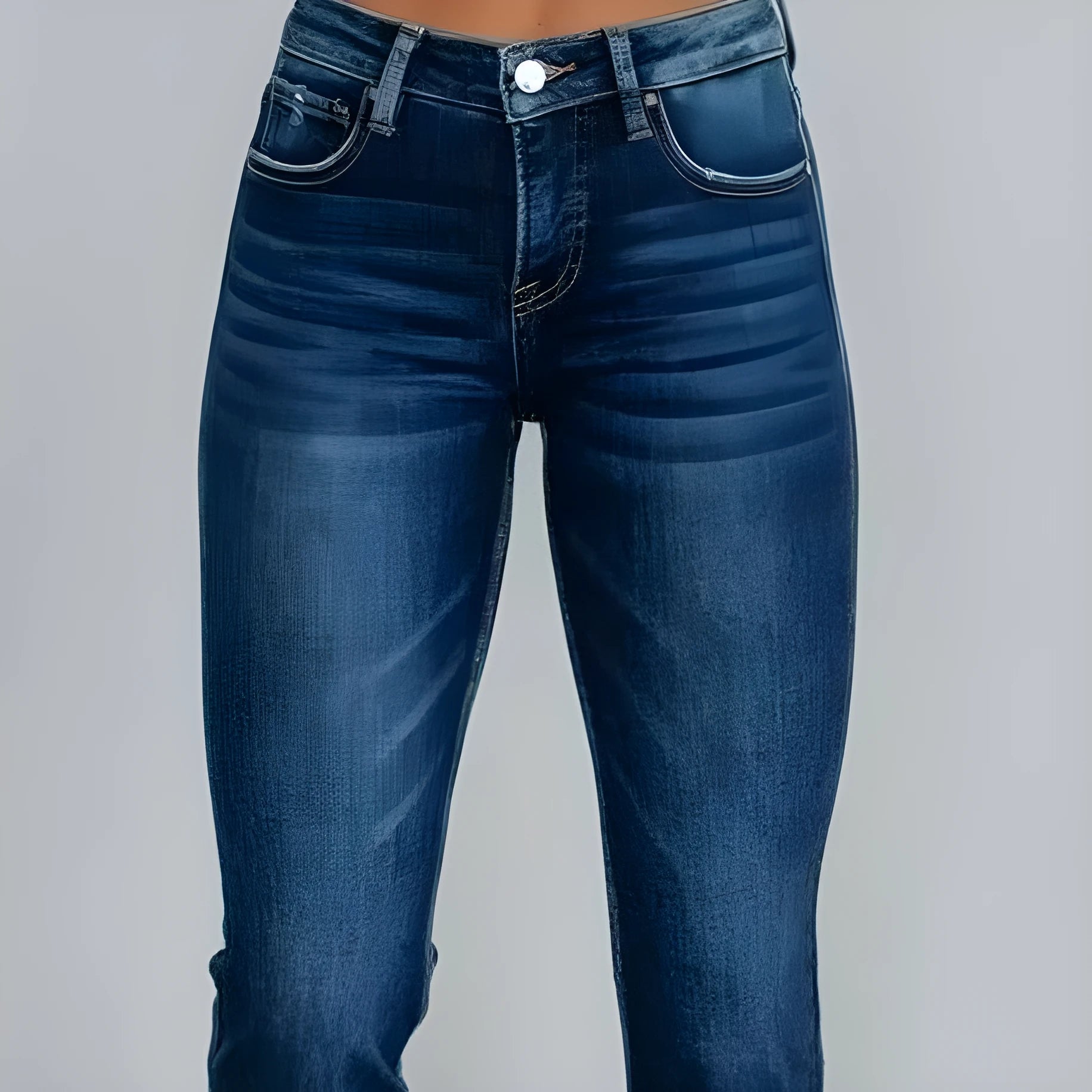 Solid colour women's denim trousers with a hand-worn finish in dark blue and light blue.