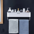 Plastic bathroom wall shelf with hole-free installation for shampoo and shower gel storage in black or grey