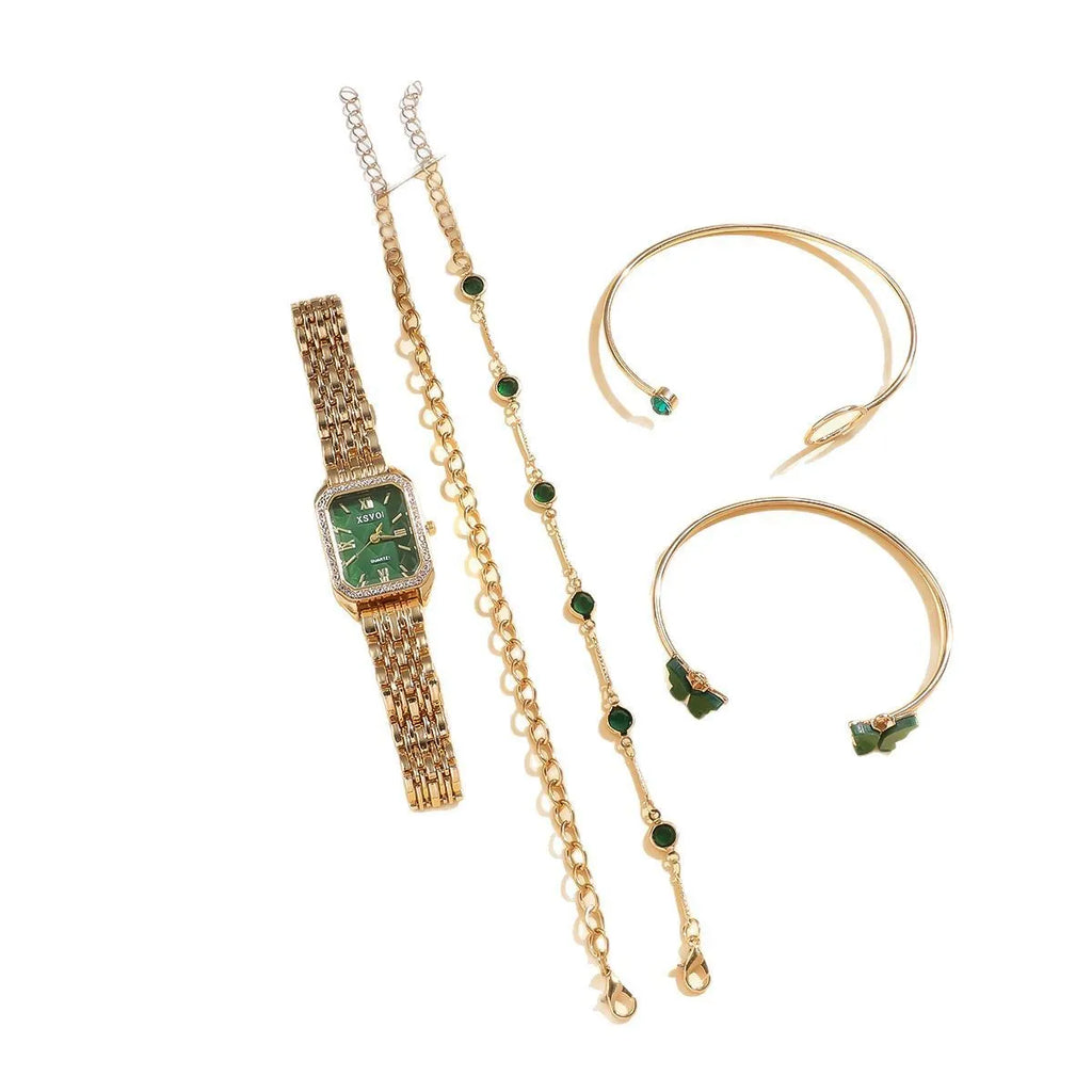 Gold Green square women's watch with alloy strap and four matching bracelets
