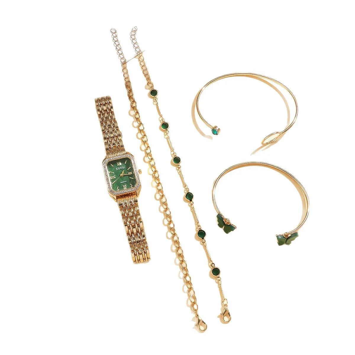 Gold Green square women's watch with alloy strap and four matching bracelets