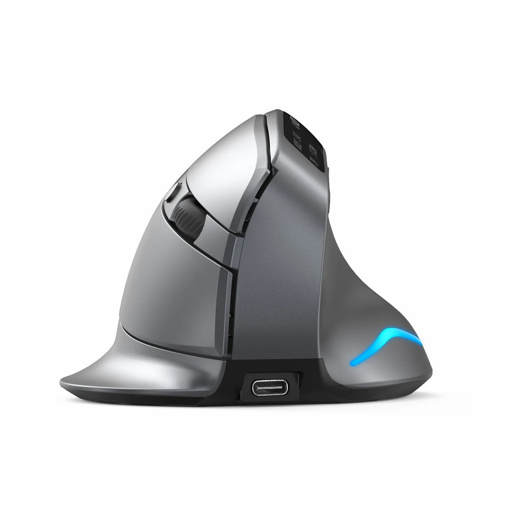 Grey Bluetooth self-charging vertical mouse with dual-mode grip design for laptop use