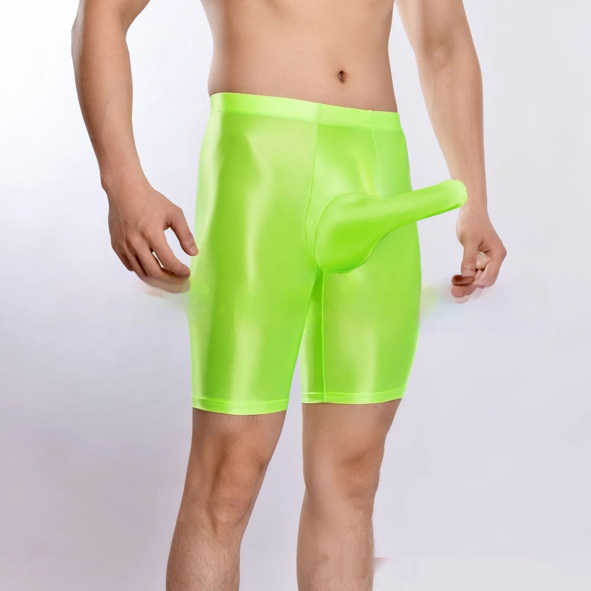Men's plus size shiny nylon sports shorts in multiple colours on size chart.