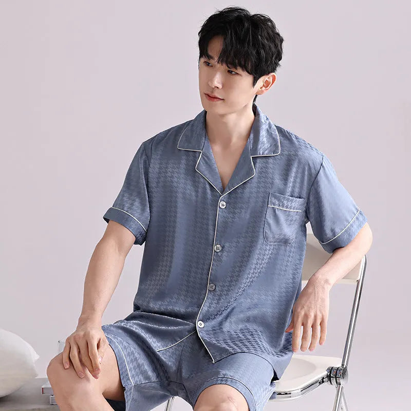 Men's artificial silk cardigan pajama set in satin jacquard plaid pattern with shorts