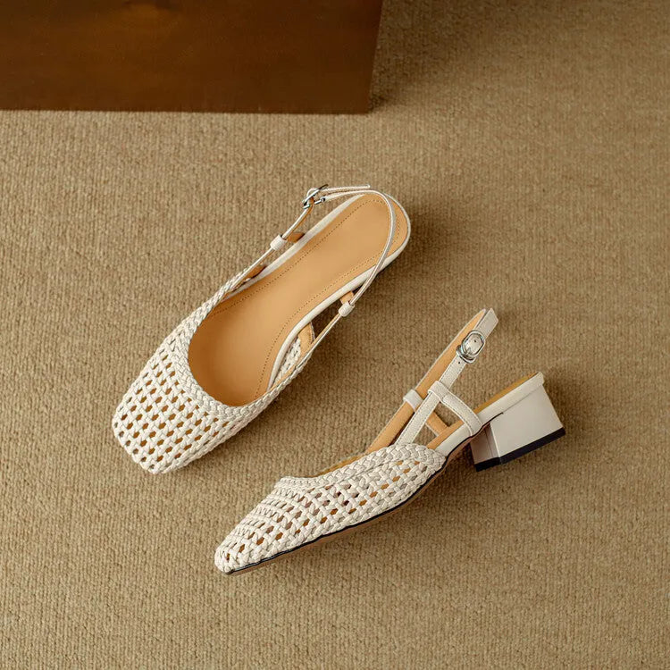 Women's beige woven hollow-out sandals with a square closed toe, chunky heel, and adjustable buckle strap.
