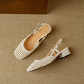 Women's beige woven hollow-out sandals with a square closed toe, chunky heel, and adjustable buckle strap.