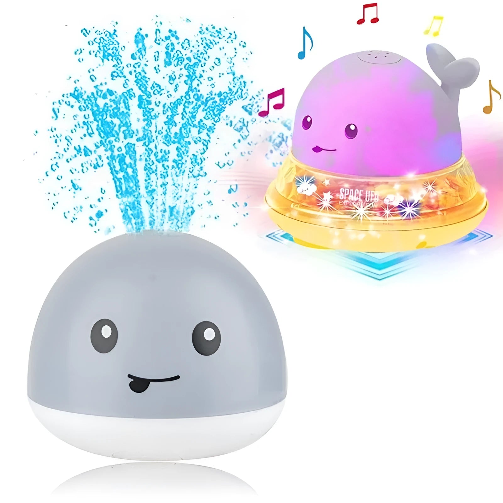 White and blue whale bath toy spraying water with LED lights on, floating in a bathtub