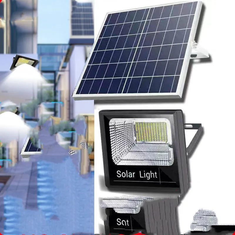 Black Cornucopia solar-powered LED flood light mounted on a garden wall with remote control.
